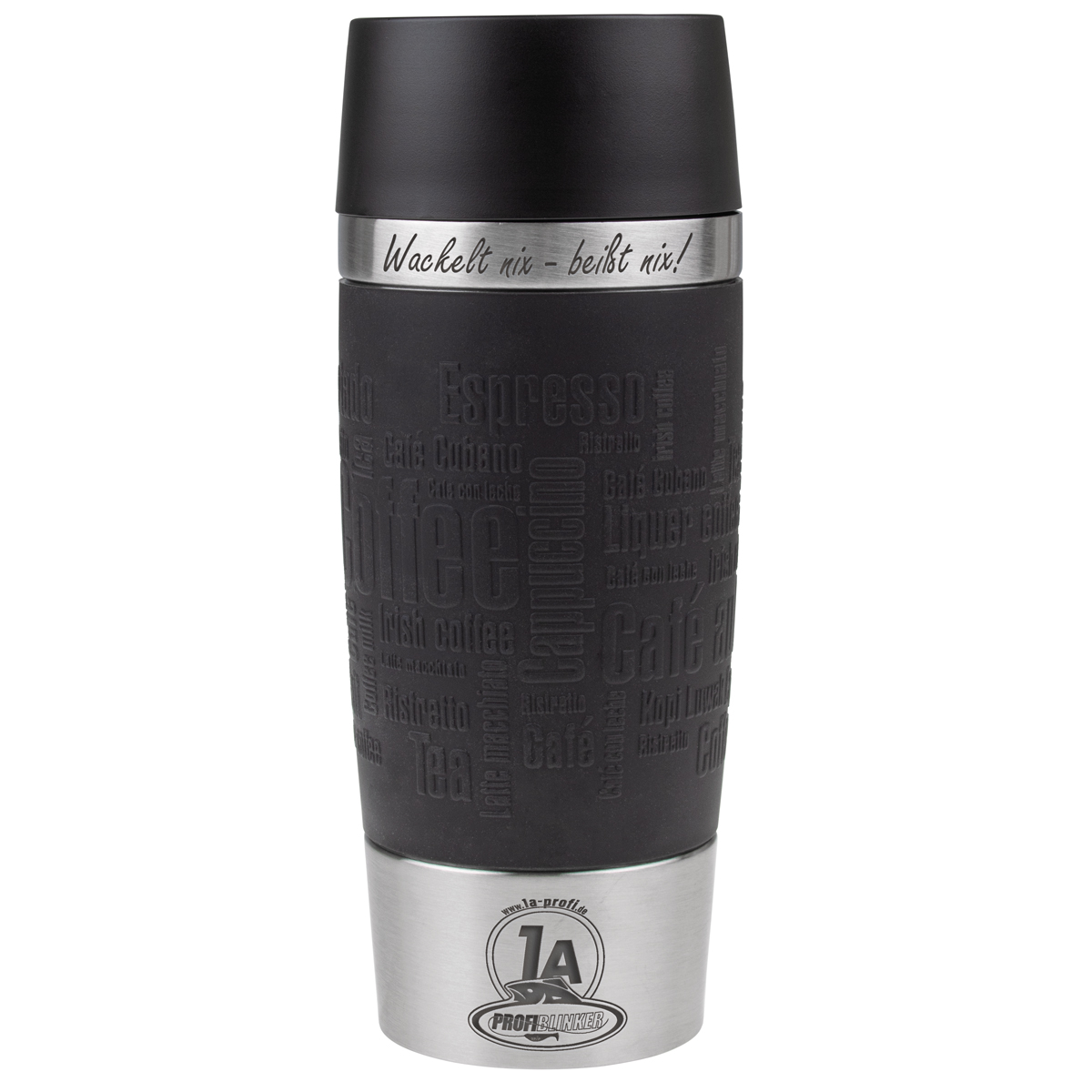 ProfiBlinker Thermobecher Emsa Travel Mug 360ml schwarz mit Gravur Motiv ''Wackelt nix, beißt nix!''