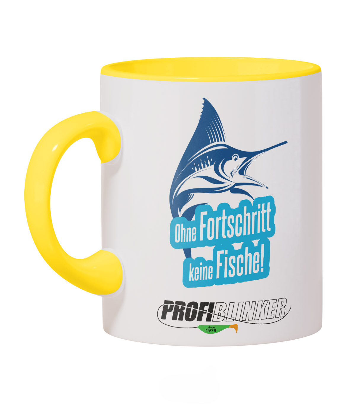 ProfiBlinker Kaffeepott Keramik gelb - Motiv ''Ohne Fortschritt keine Fische'' 