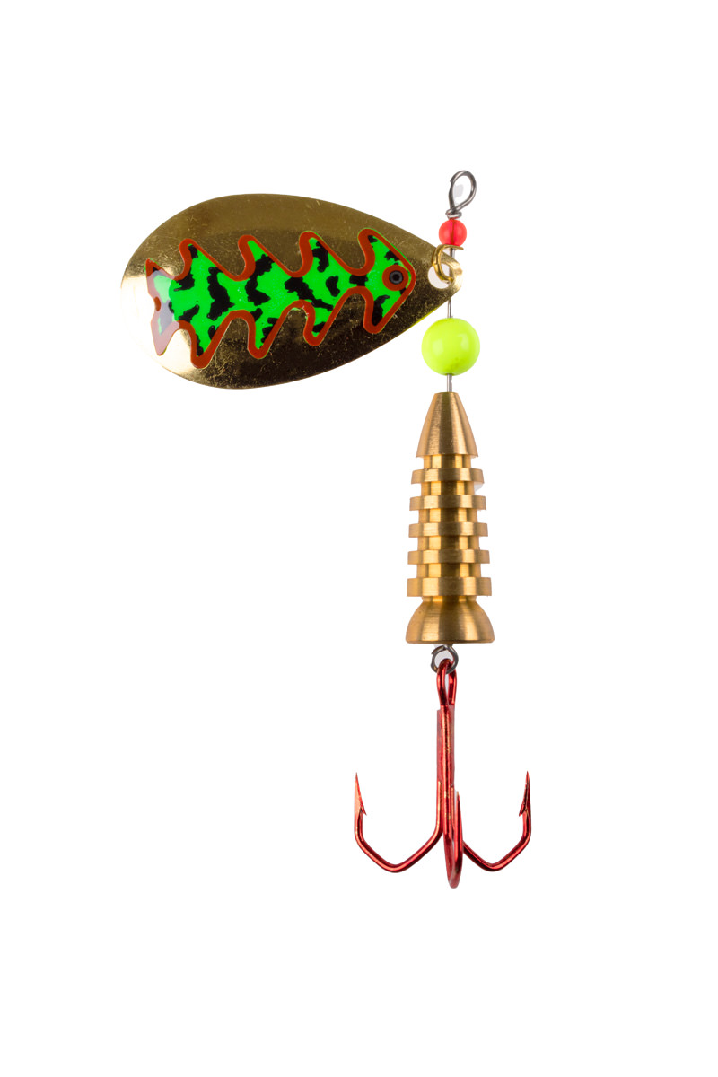 ProfiBlinker Prollex Weitwurf Spinner Tropfen / Gold mit Fluogrün-Getigert-Dekor / Größe 3 / 7g 