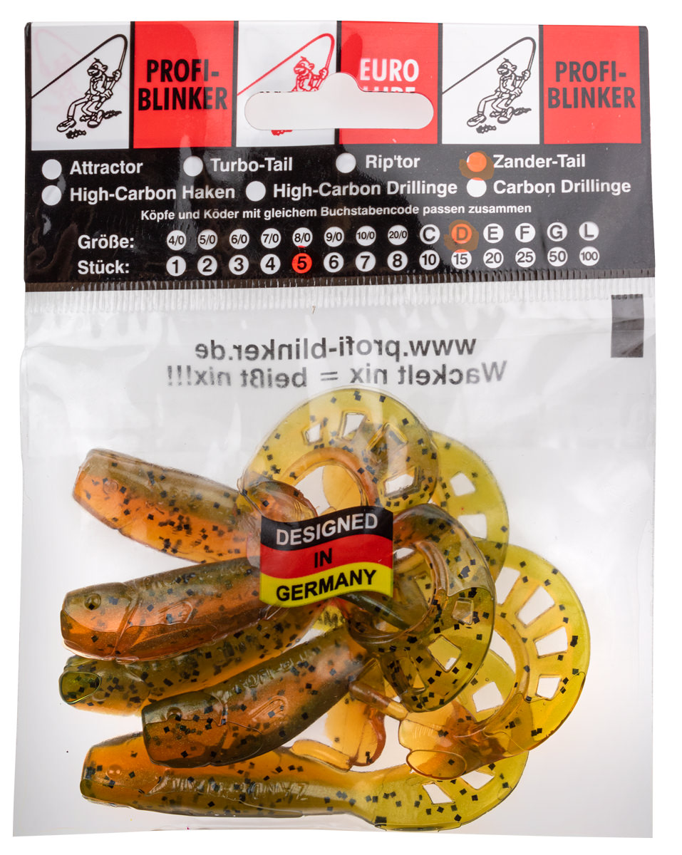 ProfiBlinker Zandertail Größe D 10cm Kaulbarsch / Glanz-Effekt / 5er Pack 