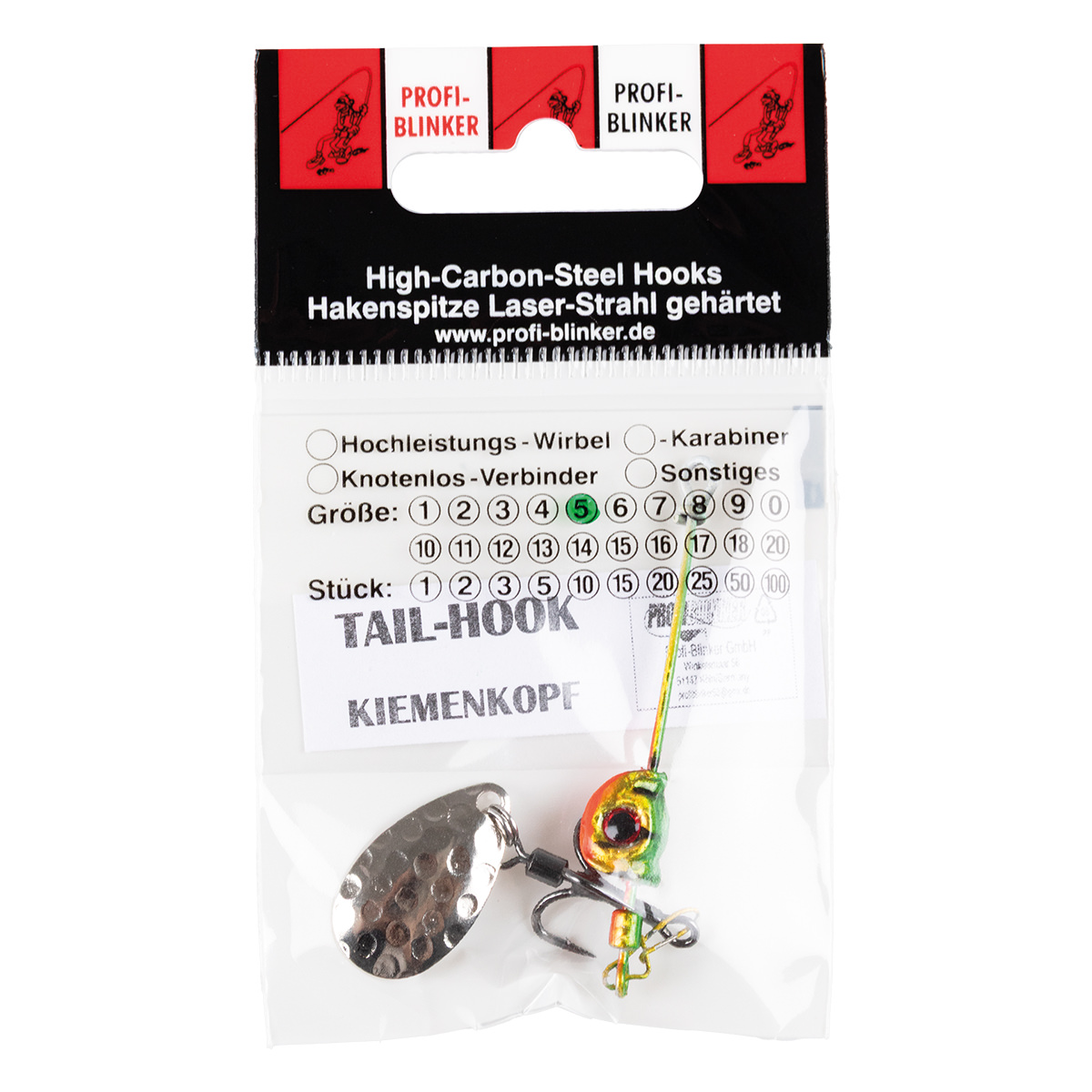 ProfiBlinker Tail-Hook Kiemenkopf Barsch 5 g / Wirbel-Drilling Titan mit Splintring / Spinnerblatt Tropfen Silber-Gehämmert / 1 Stück