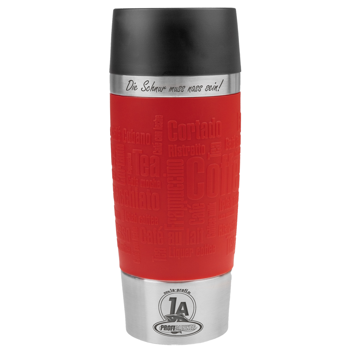 ProfiBlinker Thermobecher Emsa Travel Mug 360ml rot mit Gravur Motiv ''Die Schnur muss nass sein!''