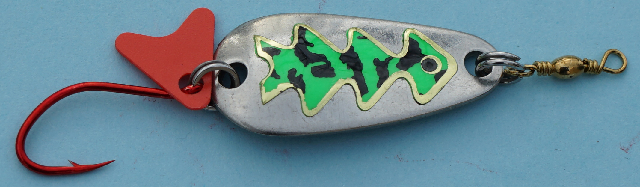 Profi-Spoon aus V2A-Edelstahl mit roten Einzelhaken / Silber mit Reflex-Folie / Grün-Getigert-Dekor / Größe A / 5g / 35mm