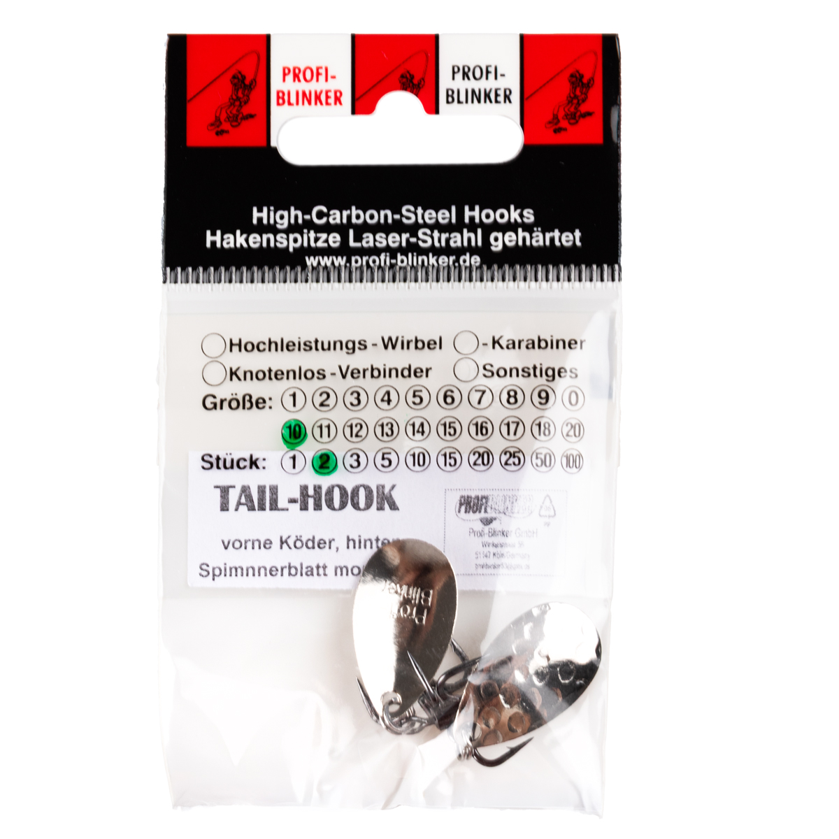 ProfiBlinker Tail-Hook Drilling xx-strong / Titan / Größe 10 / Edelstahl-Splintring & Spinnerblatt Tropfen Silber-Gehämmert / 2er Pack